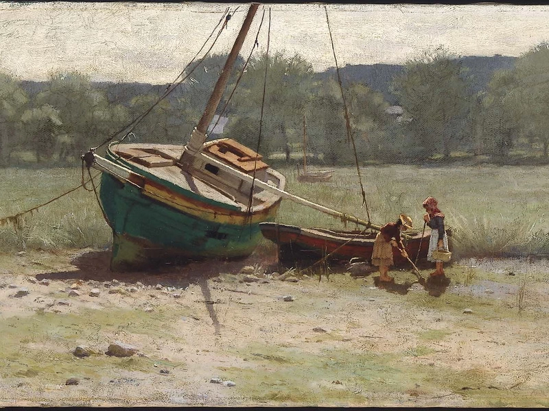1861-Dennis Miller Bunker - Paesaggio di palude salata con due bambini vicino a una barca a vela arenata - Museo delle Belle Arti di Boston